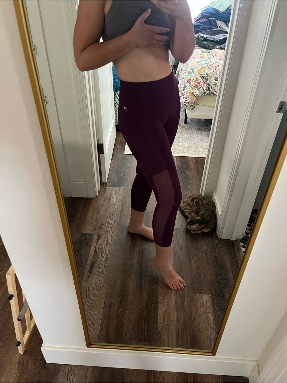 Fabletics Maroon High-Waist Capri Leggings with Mesh Panels
